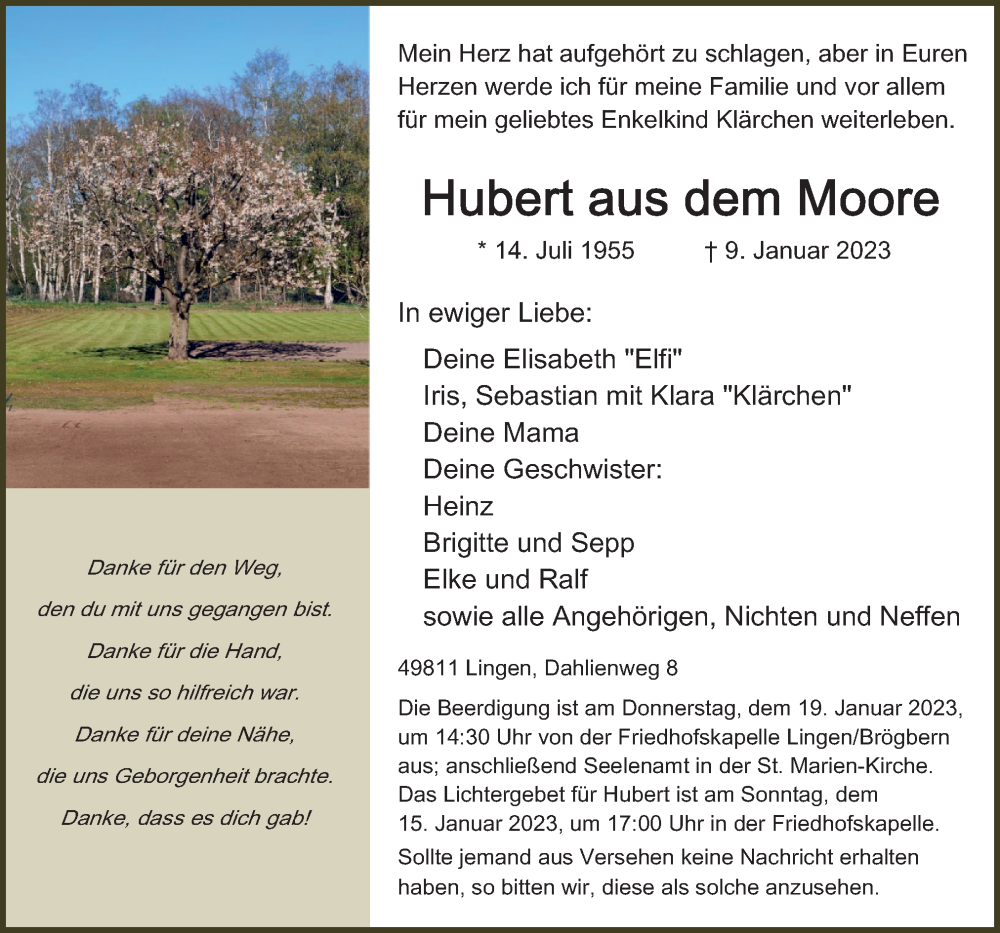  Traueranzeige für Hubert aus dem Moore vom 13.01.2023 aus Neue Osnabrücker Zeitung GmbH & Co. KG