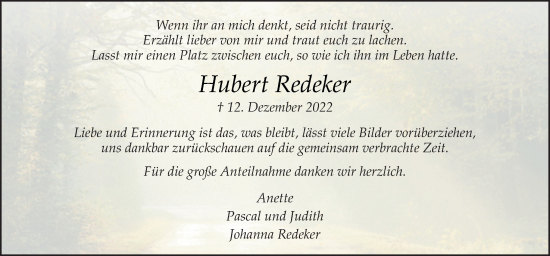 Traueranzeige von Hubert Redeker von Neue Osnabrücker Zeitung GmbH & Co. KG