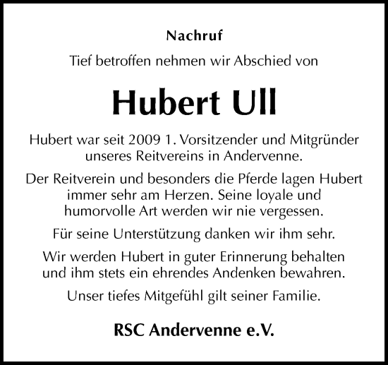Traueranzeige von Hubert Ull von Neue Osnabrücker Zeitung GmbH & Co. KG