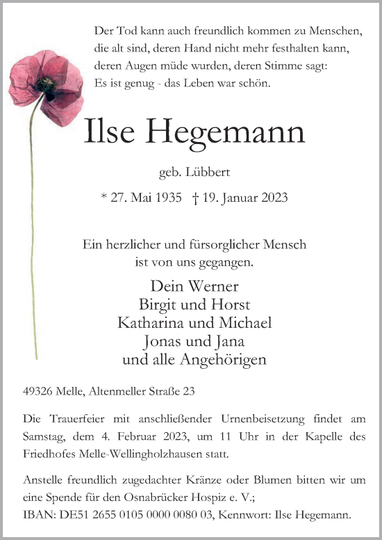 Traueranzeige von Ilse Hegemann von Neue Osnabrücker Zeitung GmbH & Co. KG