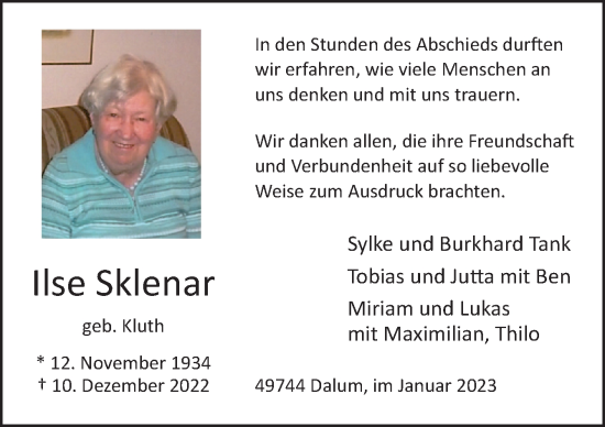 Traueranzeige von Ilse Sklenar von Neue Osnabrücker Zeitung GmbH & Co. KG