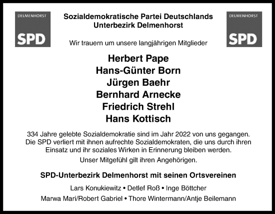 Traueranzeige von Im Gedenken Sozialdemokratische Partei Deutschlands Unterbezirk Delmenhorst von DK Medien GmbH & Co. KG