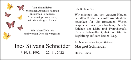 Traueranzeige von Ines Silvana Schneider von Neue Osnabrücker Zeitung GmbH & Co. KG