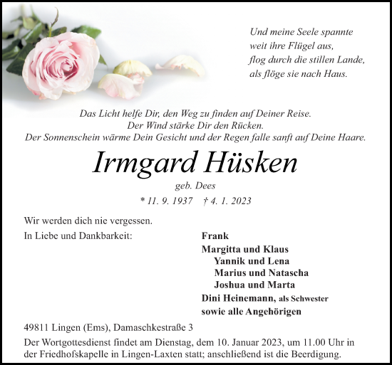 Traueranzeige von Irmgard Hüsken von Neue Osnabrücker Zeitung GmbH & Co. KG