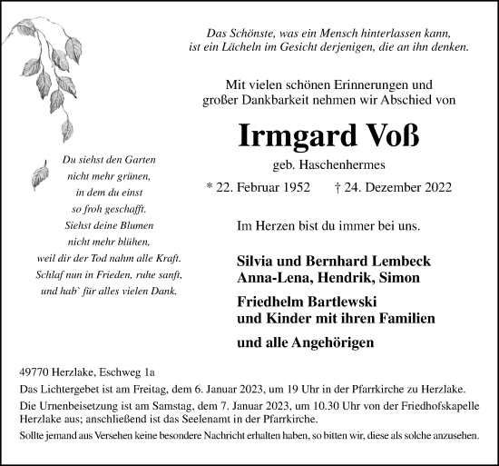 Traueranzeige von Irmgard Voß von Neue Osnabrücker Zeitung GmbH & Co. KG