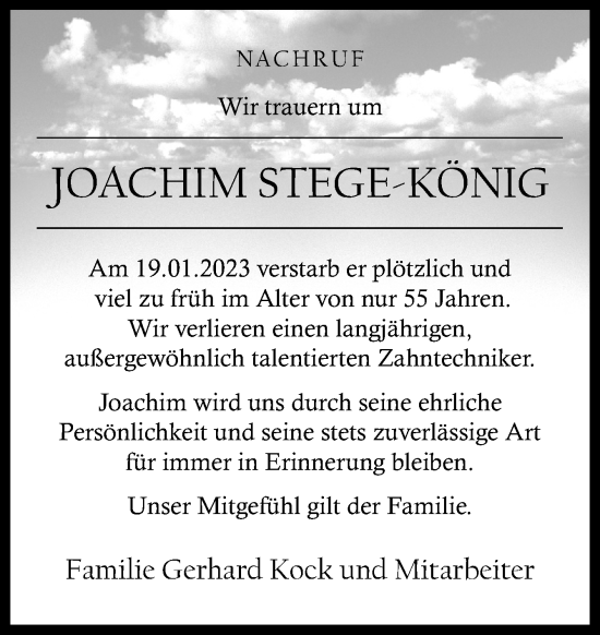 Traueranzeige von Joachim Stege-König von Neue Osnabrücker Zeitung GmbH & Co. KG