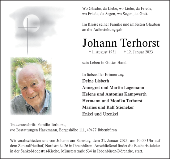 Traueranzeige von Johann Terhorst von Neue Osnabrücker Zeitung GmbH & Co. KG