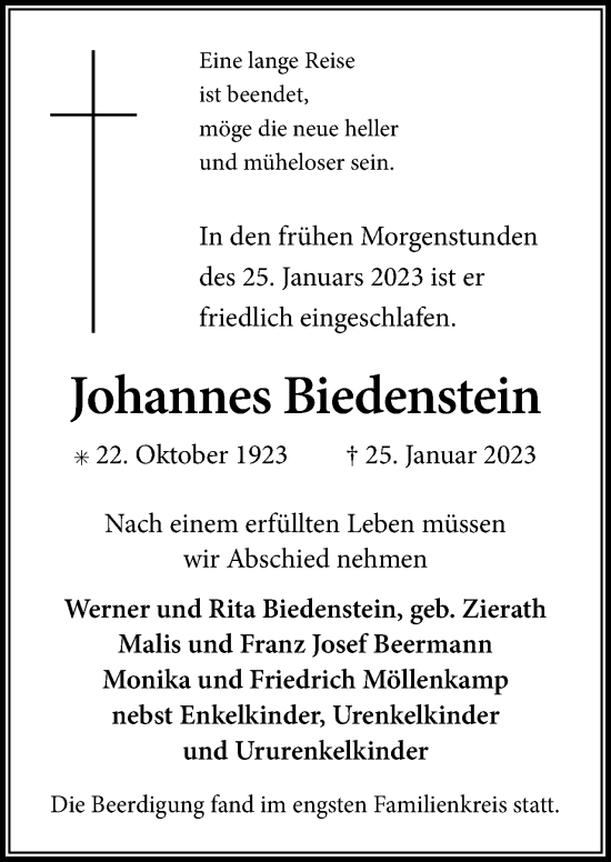 Traueranzeige von Johannes Biedenstein von Neue Osnabrücker Zeitung GmbH & Co. KG