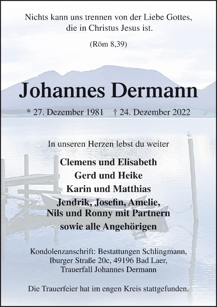  Traueranzeige für Johannes Dermann vom 07.01.2023 aus Neue Osnabrücker Zeitung GmbH & Co. KG