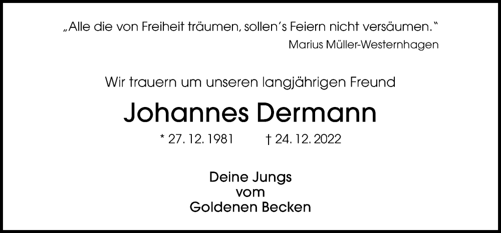  Traueranzeige für Johannes Dermann vom 05.01.2023 aus Neue Osnabrücker Zeitung GmbH & Co. KG