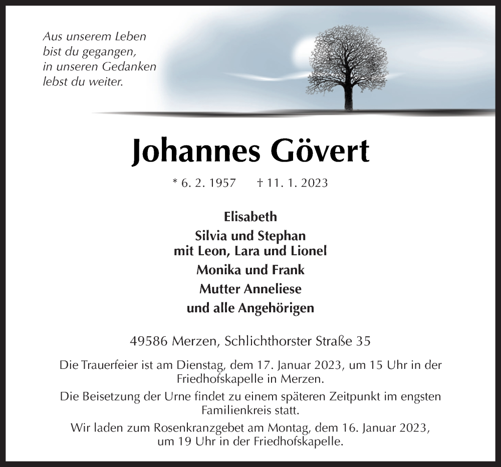  Traueranzeige für Johannes Gövert vom 13.01.2023 aus Neue Osnabrücker Zeitung GmbH & Co. KG