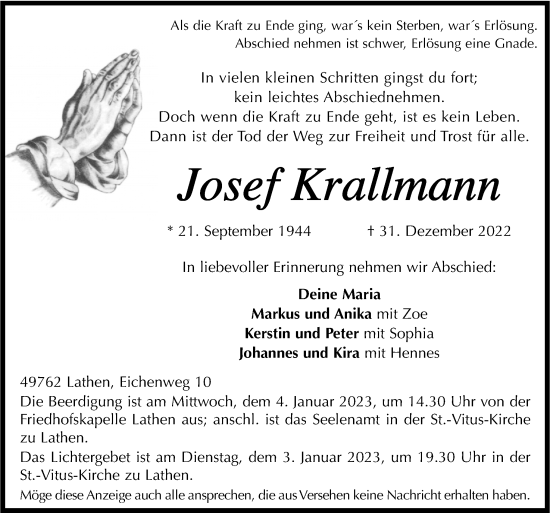 Traueranzeige von Josef Krallmann von Neue Osnabrücker Zeitung GmbH & Co. KG