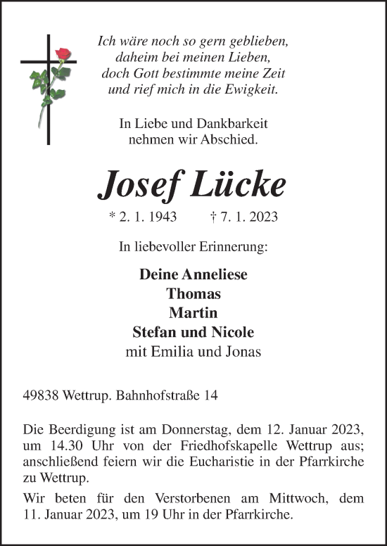 Traueranzeige von Josef Lücke von Neue Osnabrücker Zeitung GmbH & Co. KG