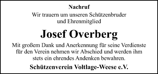 Traueranzeige von Josef Overberg von Neue Osnabrücker Zeitung GmbH & Co. KG
