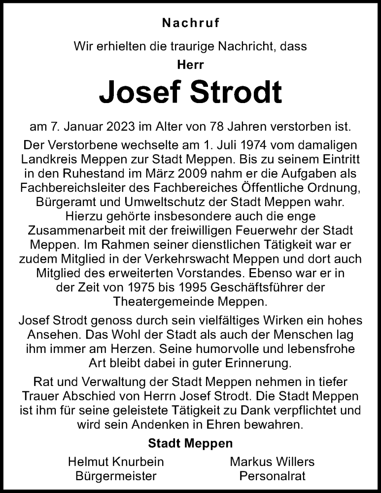  Traueranzeige für Josef Strodt vom 13.01.2023 aus Neue Osnabrücker Zeitung GmbH & Co. KG