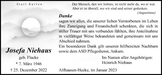 Traueranzeige von Josefa Niehaus von Neue Osnabrücker Zeitung GmbH & Co. KG