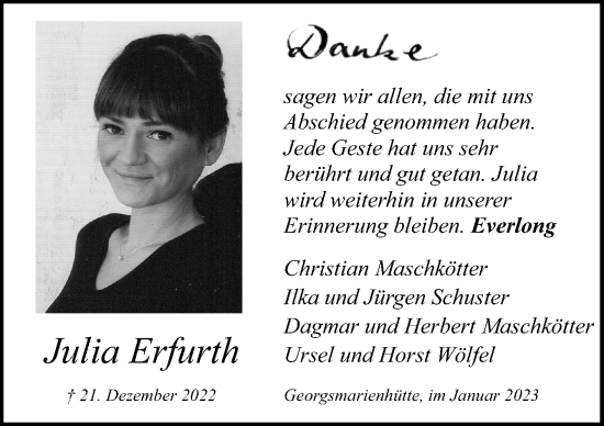 Traueranzeige von Julia Erfurth von Neue Osnabrücker Zeitung GmbH & Co. KG
