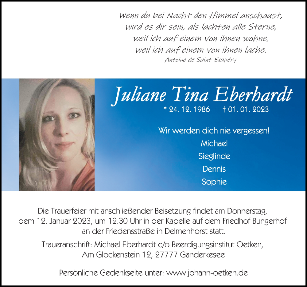  Traueranzeige für Juliane Tina Eberhardt vom 07.01.2023 aus DK Medien GmbH & Co. KG