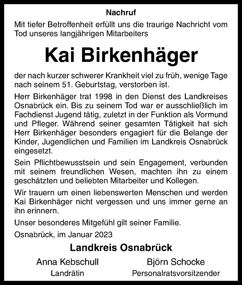  Traueranzeige für Kai Birkenhäger vom 21.01.2023 aus Neue Osnabrücker Zeitung GmbH & Co. KG