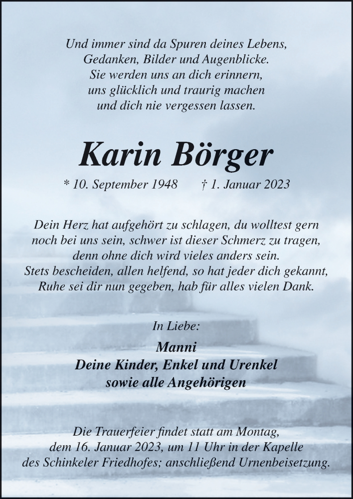  Traueranzeige für Karin Börger vom 07.01.2023 aus Neue Osnabrücker Zeitung GmbH & Co. KG