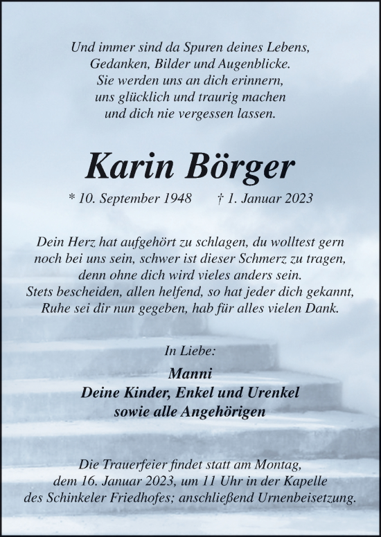 Traueranzeige von Karin Börger von Neue Osnabrücker Zeitung GmbH & Co. KG