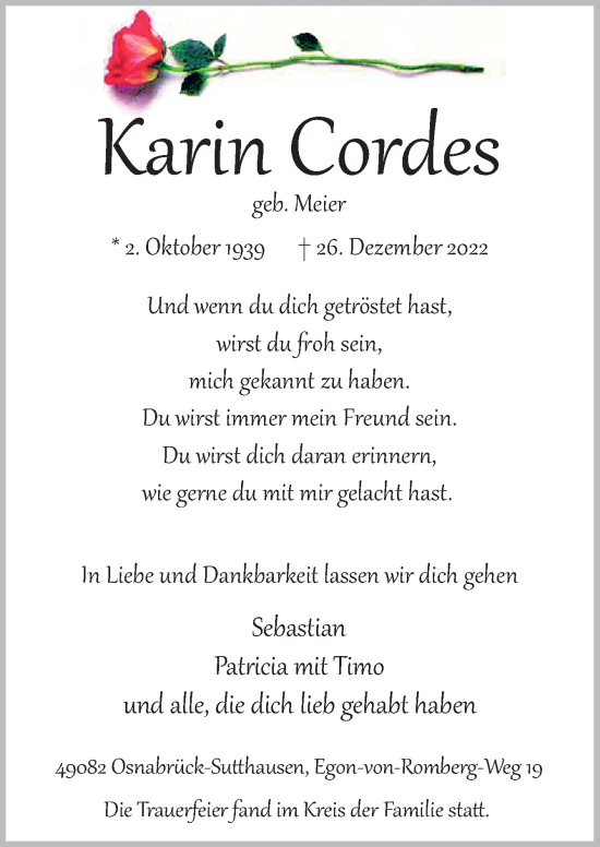 Traueranzeige von Karin Cordes von Neue Osnabrücker Zeitung GmbH & Co. KG