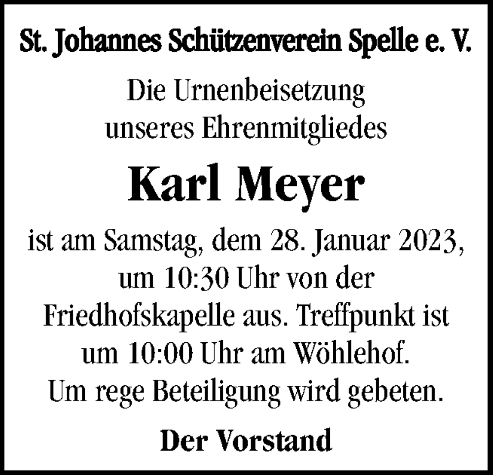  Traueranzeige für Karl Meyer vom 27.01.2023 aus Neue Osnabrücker Zeitung GmbH & Co. KG