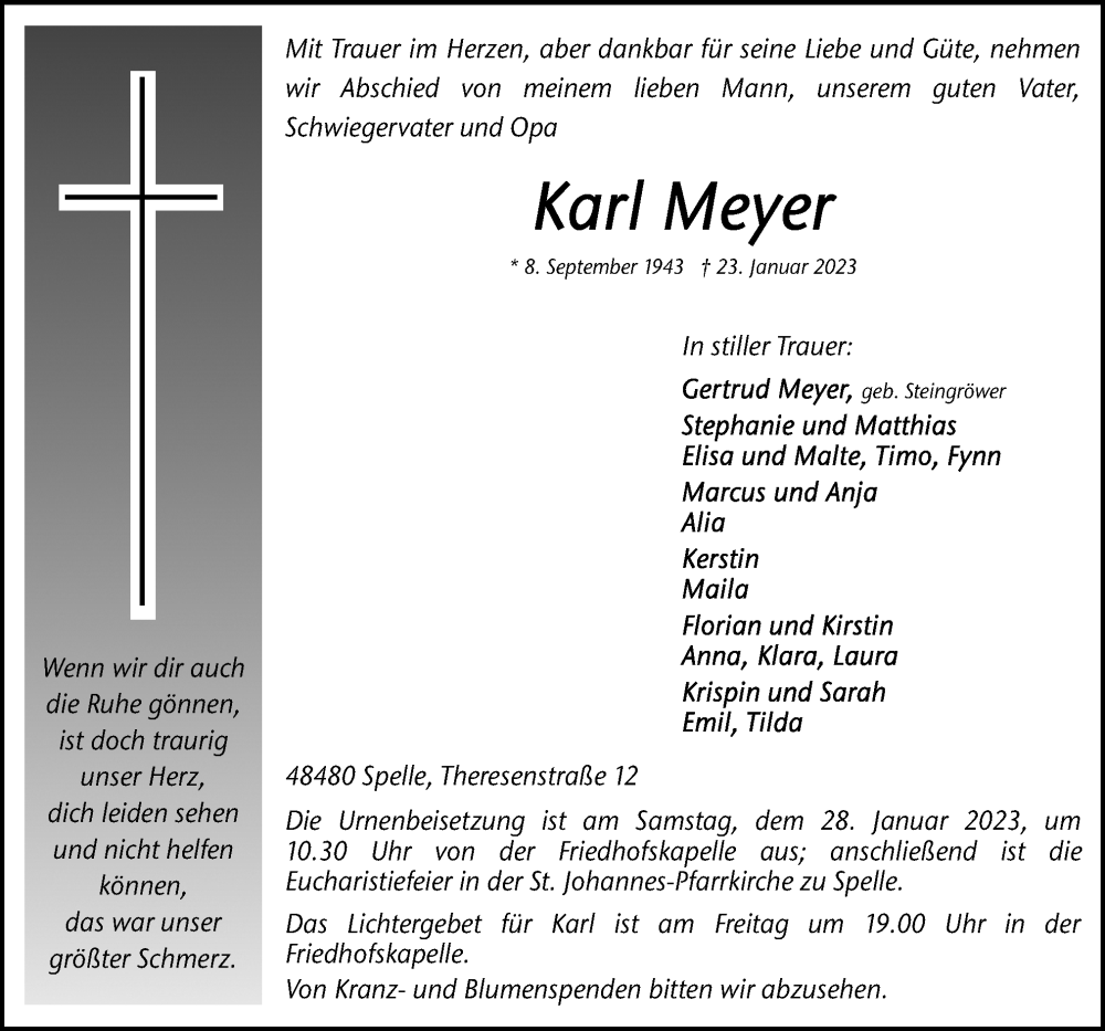  Traueranzeige für Karl Meyer vom 25.01.2023 aus Neue Osnabrücker Zeitung GmbH & Co. KG