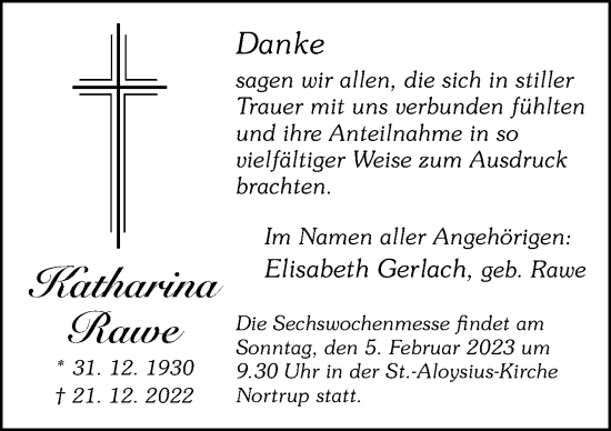 Traueranzeige von Katharina Rawe von Neue Osnabrücker Zeitung GmbH & Co. KG