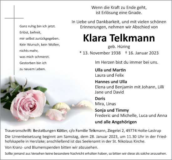 Traueranzeige von Klara Telkmann von Neue Osnabrücker Zeitung GmbH & Co. KG