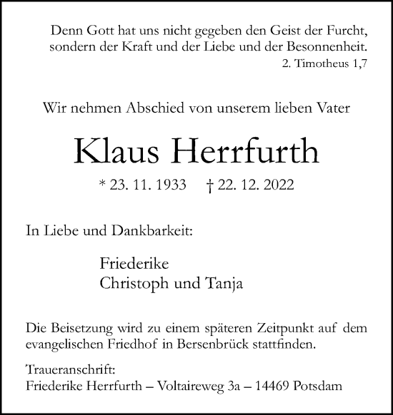 Traueranzeige von Klaus Herrfurth von Neue Osnabrücker Zeitung GmbH & Co. KG