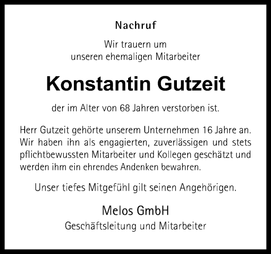 Traueranzeige von Konstantin Gutzeit von Neue Osnabrücker Zeitung GmbH & Co. KG