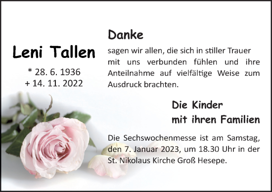 Traueranzeige von Leni Tallen von Neue Osnabrücker Zeitung GmbH & Co. KG