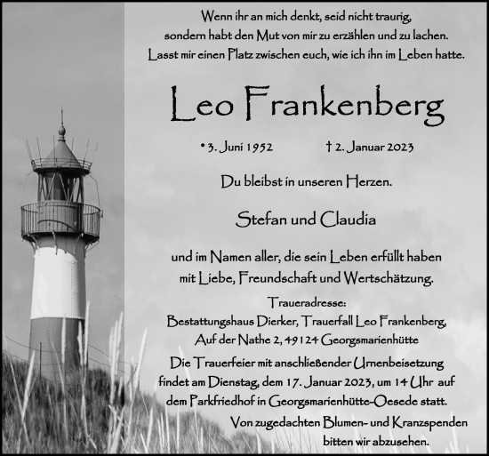 Traueranzeige von Leo Frankenberg von Neue Osnabrücker Zeitung GmbH & Co. KG