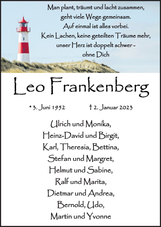 Traueranzeige von Leo Frankenberg von Neue Osnabrücker Zeitung GmbH & Co. KG