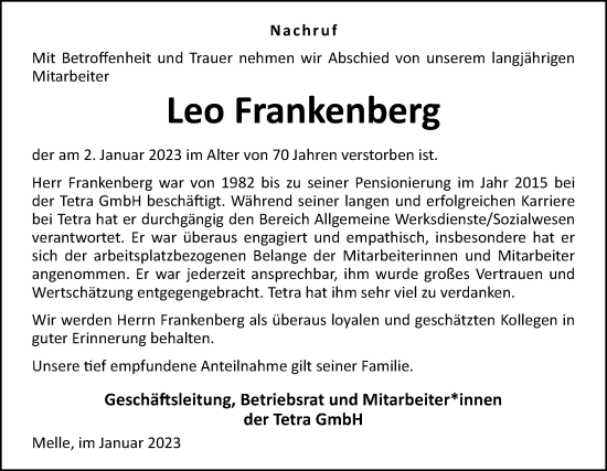 Traueranzeige von Leo Frankenberg von Neue Osnabrücker Zeitung GmbH & Co. KG