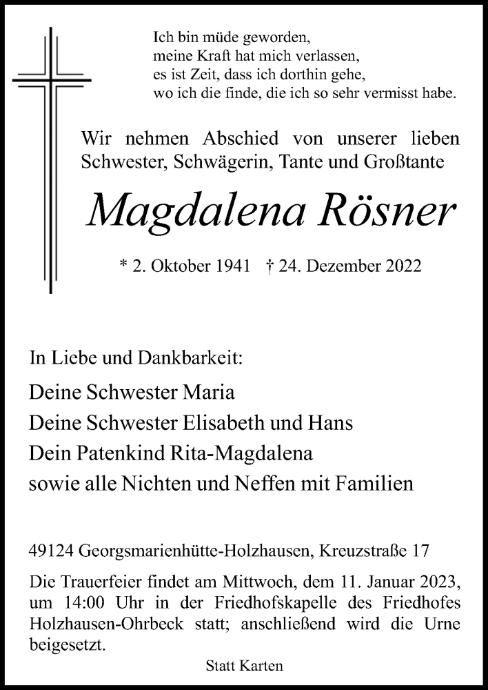  Traueranzeige für Magdalena Rösner vom 04.01.2023 aus Neue Osnabrücker Zeitung GmbH & Co. KG