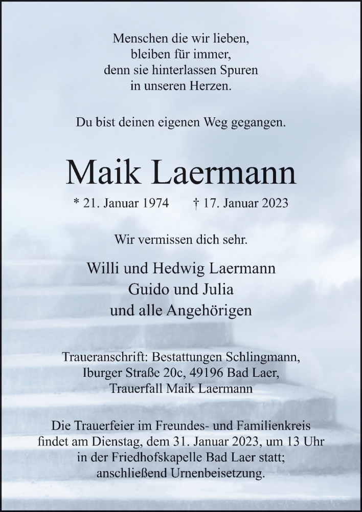  Traueranzeige für Maik Laermann vom 21.01.2023 aus Neue Osnabrücker Zeitung GmbH & Co. KG