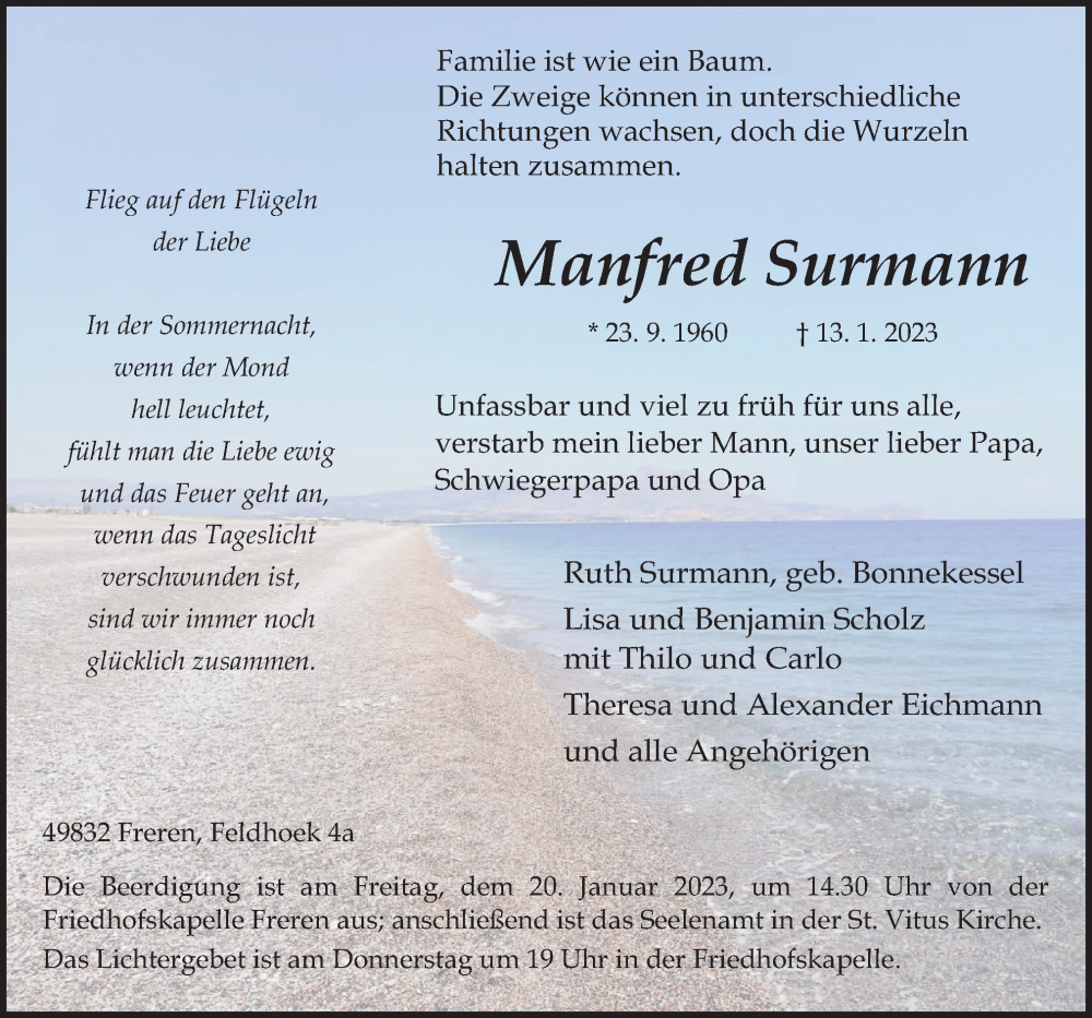  Traueranzeige für Manfred Surmann vom 16.01.2023 aus Neue Osnabrücker Zeitung GmbH & Co. KG