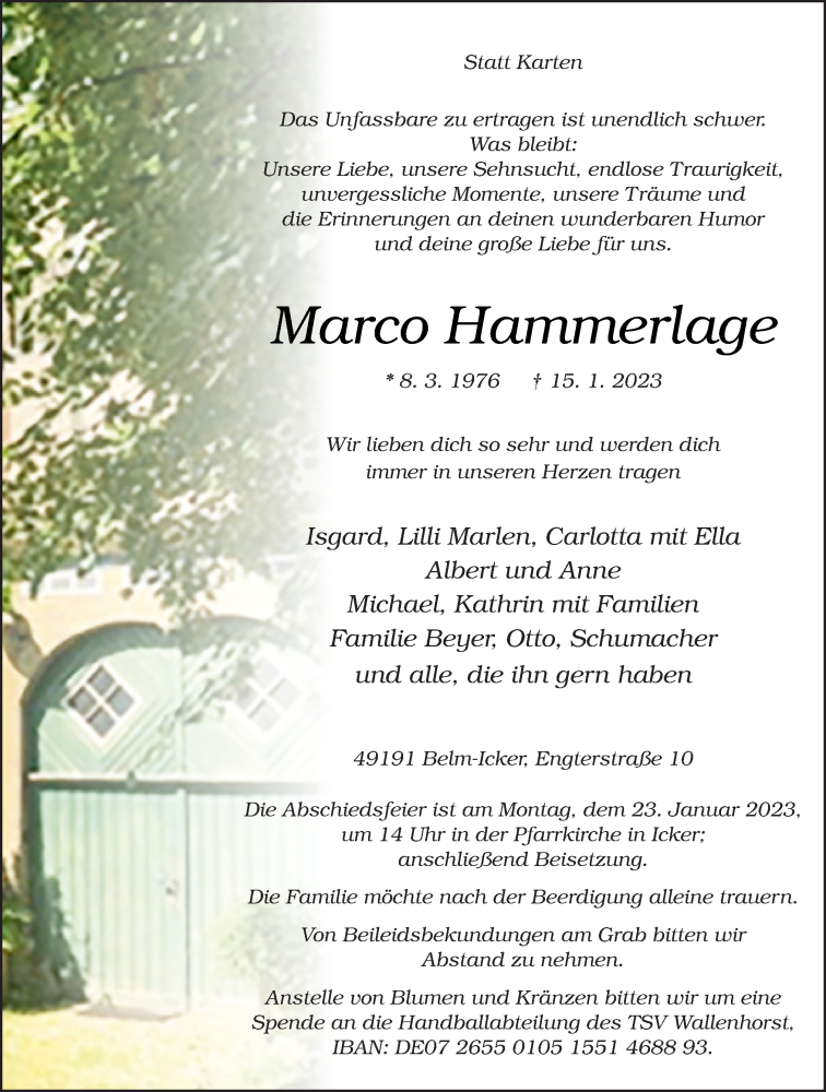  Traueranzeige für Marco Hammerlage vom 20.01.2023 aus Neue Osnabrücker Zeitung GmbH & Co. KG