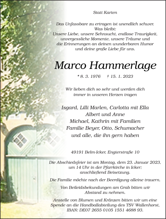 Traueranzeige von Marco Hammerlage von Neue Osnabrücker Zeitung GmbH & Co. KG