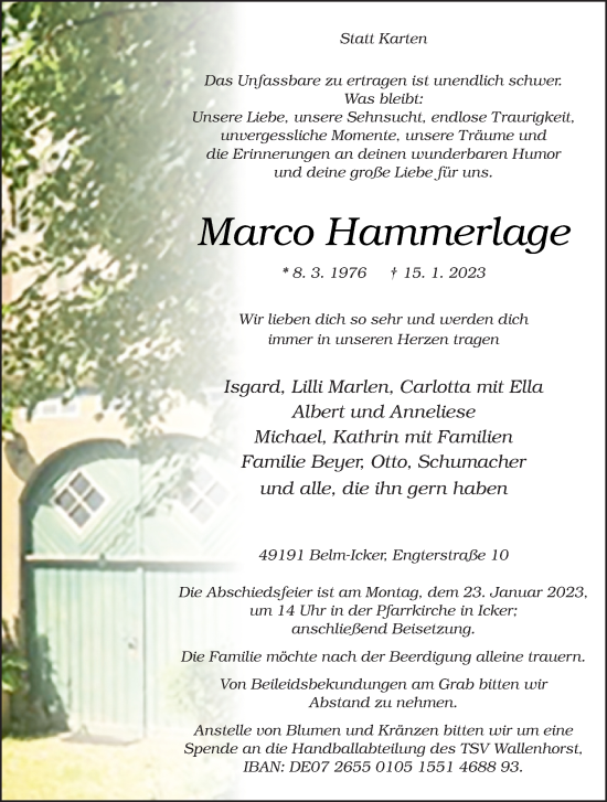 Traueranzeige von Marco Hammerlage von Neue Osnabrücker Zeitung GmbH & Co. KG