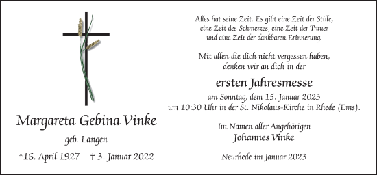 Traueranzeige von Margareta Gebina Vinke von Neue Osnabrücker Zeitung GmbH & Co. KG