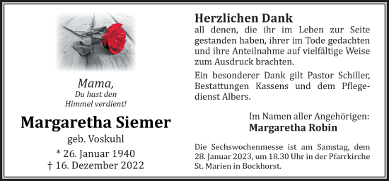 Traueranzeige von Margaretha Siemer von Neue Osnabrücker Zeitung GmbH & Co. KG