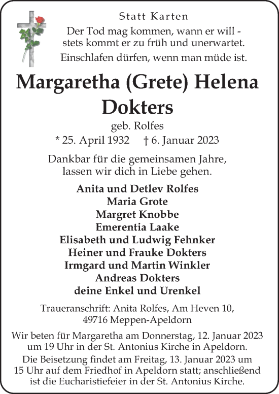 Traueranzeige von Margaretha Helena Dokters von Neue Osnabrücker Zeitung GmbH & Co. KG