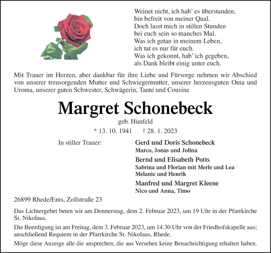 Traueranzeige von Margret Schonebeck von Neue Osnabrücker Zeitung GmbH & Co. KG