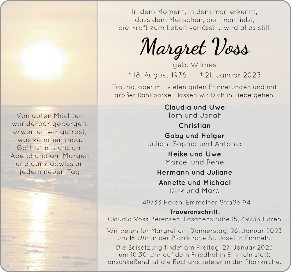  Traueranzeige für Margret Voss vom 24.01.2023 aus Neue Osnabrücker Zeitung GmbH & Co. KG
