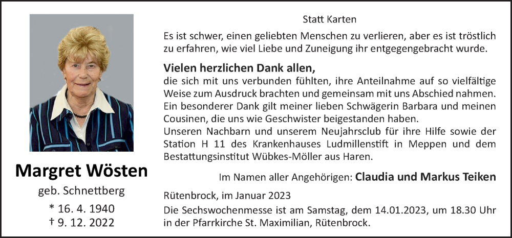  Traueranzeige für Margret Wösten vom 12.01.2023 aus Neue Osnabrücker Zeitung GmbH & Co. KG