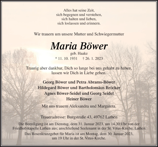 Traueranzeige von Maria Böwer von Neue Osnabrücker Zeitung GmbH & Co. KG