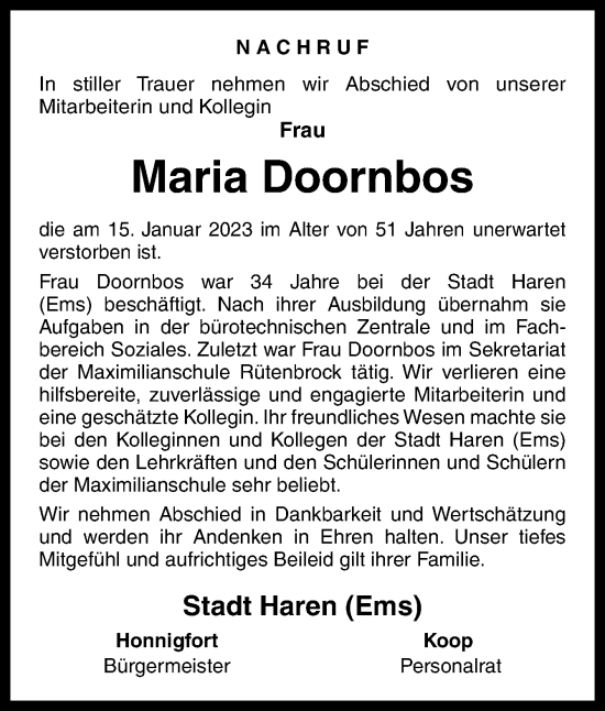 Traueranzeige von Maria Doornbos von Neue Osnabrücker Zeitung GmbH & Co. KG